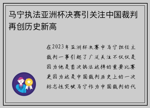 马宁执法亚洲杯决赛引关注中国裁判再创历史新高